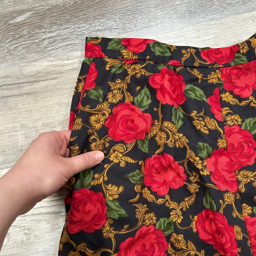 Vintage High-Waisted Black & Red Rose Print Skirt 2X